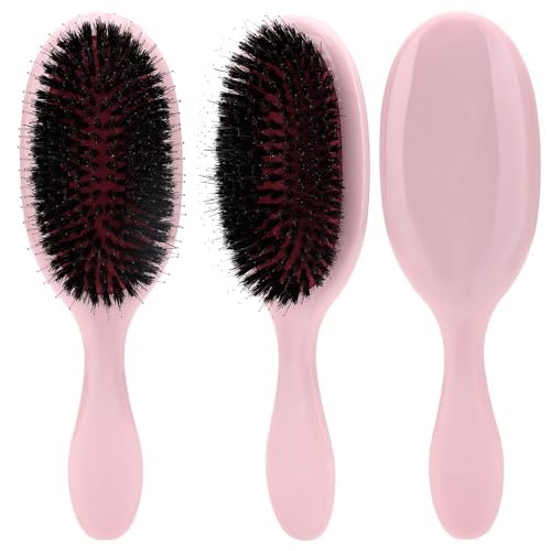 Soft Boar Bristle Hair Brush for Women Paddle Hair Extension brush for Wet Dry hair Dual bristles Anti-Static Detangle hair brush for Curly Thick Long Hair, Frizz-Free, Breakage-Reducing Design, Pink