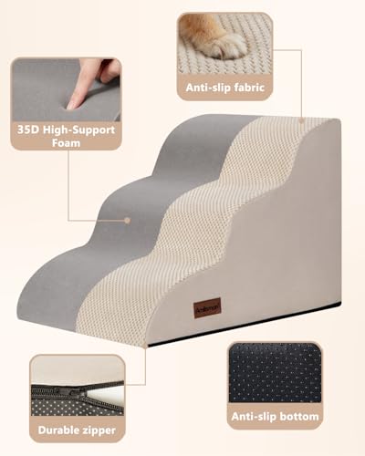 Image of Aodisman Dog Stairs for Small Dogs,3 Step Dog Ramp for Couch,Non-Slip Steps | Pet stairs help small dogs, old cats, and puppies reach couches and chairs easily, durable indoor dog steps,15.4 inch H,Beige
