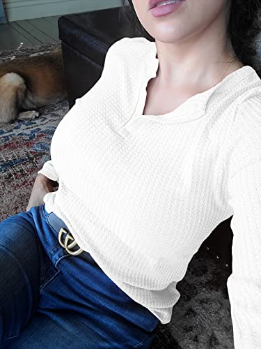 Farktop 7Y4118BS0M1 Women'S V Neck Waffle Knit Henley Tops Casual Long Sleeve Pullover Sweater Blouses thumb #2
