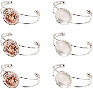 SUNNYCLUE 12pcs Cabochon Bracelet Setting Blank Making Kit Include 6pcs Adjustable Cuff Bangles Bezel Tray & 6pcs 20mm Round Clear Cabochon Glass Dome Photo Jewellery Accessories for Men Women, Silver
