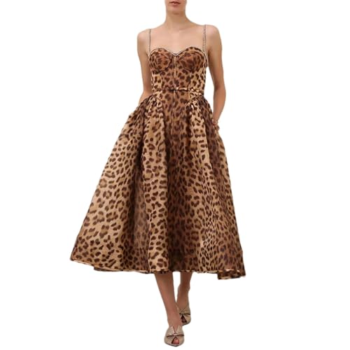 Women Leopard Print Sleeveless Sweetheart Neck Midi Fit and Flare Evening Dresses