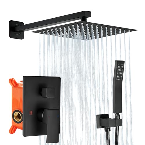 Kit de grifo de ducha de 10 pulgadas, kit de cabezal de ducha negro mate y mango, kit combinado de grifo de ducha de lujo para baño con cabezal de ducha cuadrado de lluvia y pulverizador de mano de