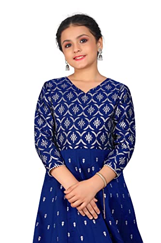 Image of Fashion Dream Girl's Dark Blue Taffeta Maxi Length Foil Printed Dress|Maxi Dress|Printed Dress(FDGDRS00038 DBL 40 Dark Blue 13 Years-14 Years)