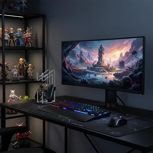 Tabanzhe Game Controller Holder – Universal Double-Layered Acrylic Gaming Controller Stand with Headphones Headset Organizer, Dual Gamepad Display Holder for Desk Table Gaming Accessories (Black) - Image 3