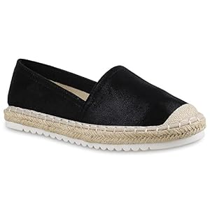 stiefelparadies Damen Espadrilles Metallic SlipperBast Profilsohle Flats Freizeit Glitzer Prints Spitze Schuhe 137007 Schwarz Weiss 37 Flandell