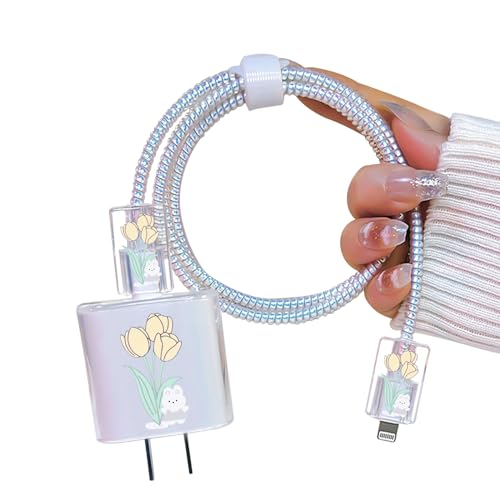 Cute Cable Protector for iPhone 18W/20W Adapter Charger with Kawaii Bunny Tulips Design, Soft TPU Clear Cord Wire Saver Data Line Cable Case Charger Protector for iPhone 11 12 13 14 15 Pro Max