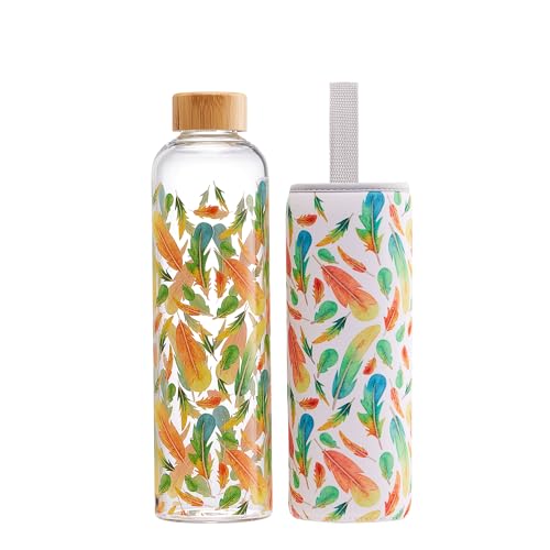 Autsel Glass Water Bottle 500ml Artistic Glass Drinking Bottle with Lid Leak Proof Borosilicate Water Bottle with Protection Sleeve, Fine Gifts for Girls and Women