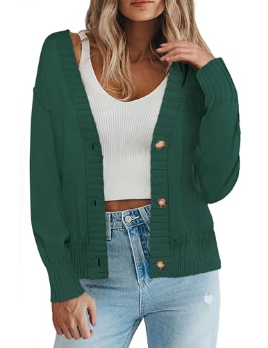 Zeagoo Chaqueta de punto para mujer, cárdigan corto, cuello de pico, cárdigan con botón, manga larga, suéter de punto de otoño, tops de invierno, tallas S-XXL, verde, M