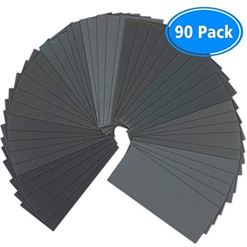 Sandpaper, 90 Pcs 400 to 3000 Grit Wet Dry Sandpaper Assortment 9x3.6 Inch