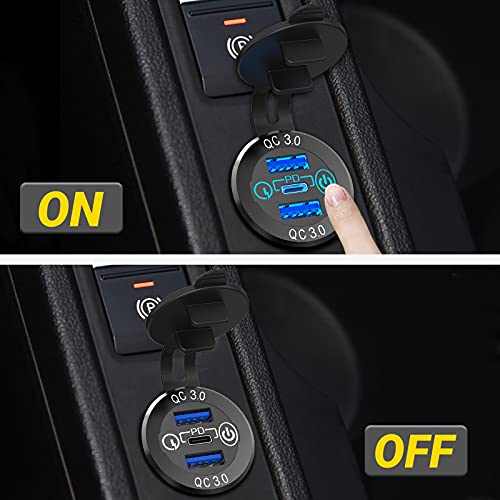 56W Usb C Car Charger Socket, Ouffun Aluminum Metal 12V/24V Multiple Usb Outlet Pd 20W Usb-C And Dual Qc3.0 Ports With Power Switch Car Usb Port 12V Socket For Car Rv Boat Marine Truck Golf Motorcycle #TOP4