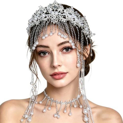 Tiara de boda con cristales y perlas en un conjunto de joyería nupcial para el sí quiero