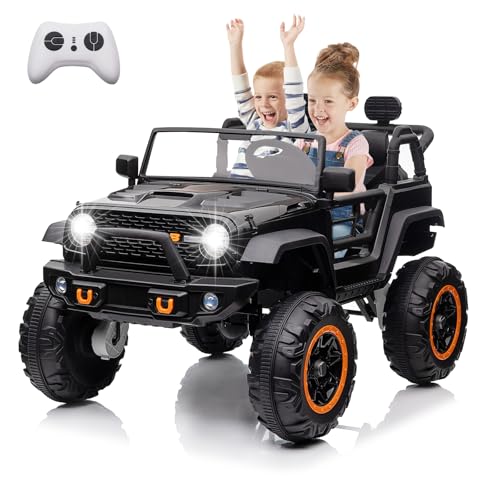 Hipicute 24V 2 Seater Kids Ride On Car, 4 Wheeler Truck Ride On Toys for Big Kids with 5.5MPH Max Speed, Remote Control, Accelerator Pedal, Treaded Tires, Steering Wheel, Music and Story, Black