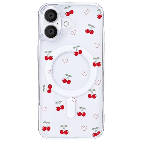 Coque iPhone 17 MagSafe transparente antichoc avec joli motif cerise et cœur