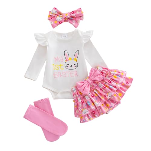 JiAmy Baby Girls My 1st Easter Outfit Newborn 4 Piece Romper Skirt Headband Legging Socks Set Pink Rabbit Egg 3-6M