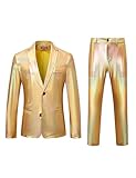 ZEROYAA Men's 70s Disco Suits Metallic Shiny Sequin Outfits Blazer and Pants Set Dance Party Costume Laser Gold Large