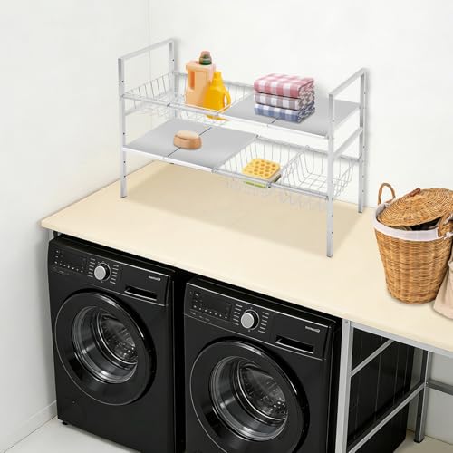 Organizador para debajo del lavabo, estante expandible de 2 niveles, altura ajustable, acero inoxidable, para baño y cocina miniatura 3