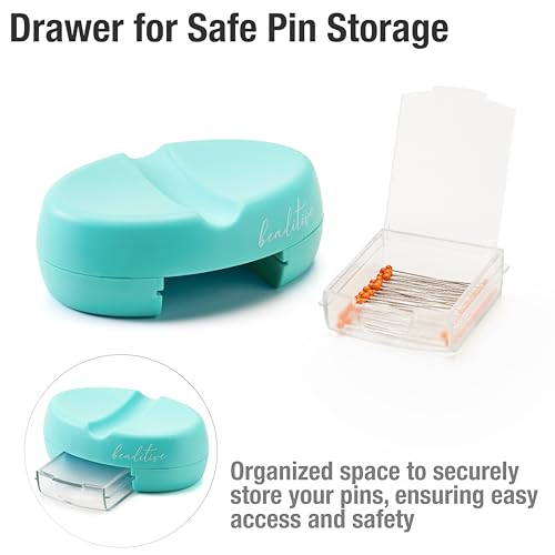 Image of Beaditive Magnetic Pin Cushion with Drawer - Strong Magnet Pin Holder Cushion for Sewing - 50 Glass Head Quilting Pins Included - Chic Pincushion Caddy for Sewing Pins, Paper Clips, Screws - Turquoise