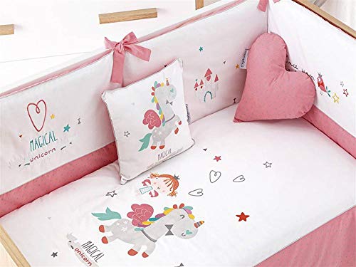 Pirulos 27713219 - Edredón, protector y cojín, diseño unicornio, 72 x 142 cm, color blanco y fresa