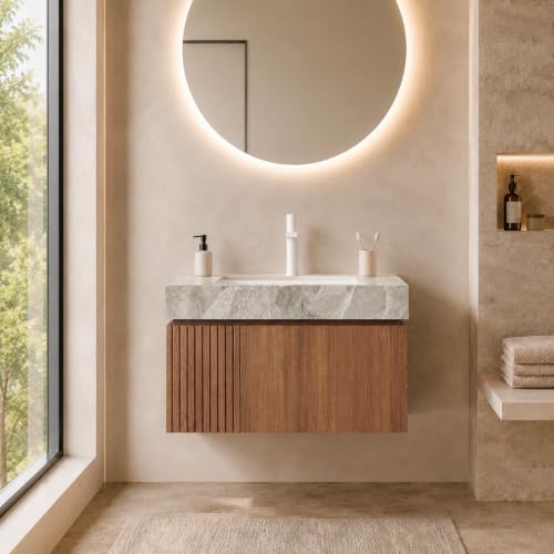 VETRAX 30" Wall-Mounted Vanity with Sink, Brown Oak, Gray Stone, 1-Hole