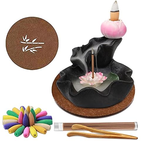 prosfalt Ceramics Waterfall Backflow Incense Holder Burner,Incense Seat with 50 Backflow Incense Cones+35 Incense Sticks Aromatherapy Home Decor Can Anxiety Relief Pressure -Black Cover