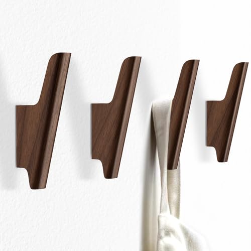 FCOWK Wall Hooks 4 Pack Coat Hooks Mounted Walnut Wood Hooks for Hanging Hat, Towel, Bag, Backpack, Decorative Cute Wooden Heavy Duty Hook for Entryway and Bathroom (Walnut, Dark)