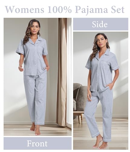 Image of CF Womens 100% Cotton Pajamas Set Button Down Pjs Sets Short Sleeve Top & Long Pants Sleepwear Comfy Loungewear with Pockets