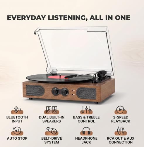Image of Vinyl Record Player with Dual Speakers Bass /Treble Control Walnut