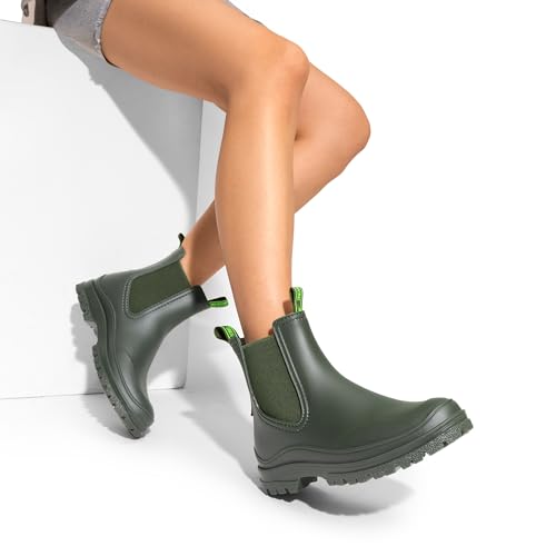 DREAM PAIRS Stiefel Damen Gummischuhe Halbhoch Chelsea Boots Frauen Ankle Wellies Wasserdicht Regen Bequem Anti-Rutsch,Size 41,Dunkelgrün,SDRB2405W-E
