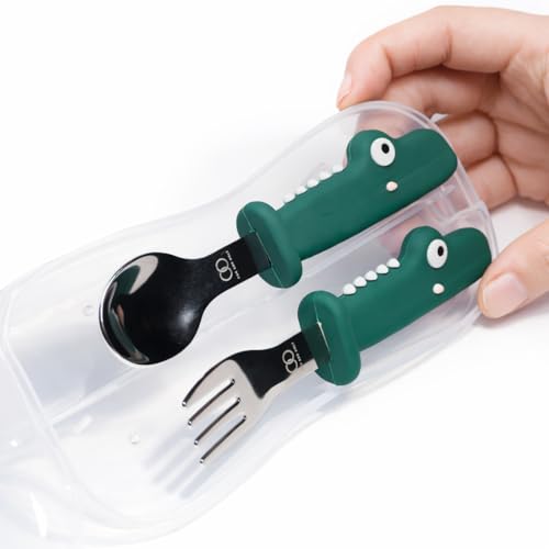 Image of Baby Spoon and Fork Set, Green Stainless Steel & Silicone Toddler Cutlery Set with Dinosaur Case, 2 Pc, Self Feeding Utensils for Baby Meals School and Travel, Mealtime Essential