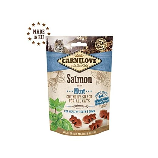 Snack para Gatos Crunchy CARNILOVE de Salmon Y Menta 10 x 50 grs Sin Cereales, con Carne Fresca y sin azúcares | ANIMALUJOS