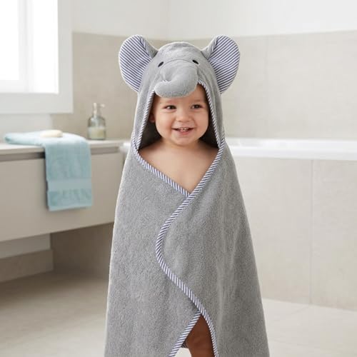Image of EVERYDAY KIDS Hooded Baby Toddler Bath Towel for Boys and Girls - 3D Gray Elephant with Ears and Trunk; Soft and Absorbent Terry Cloth Hooded Towel for Young Kids; Gender Neutral Baby Bath Essential