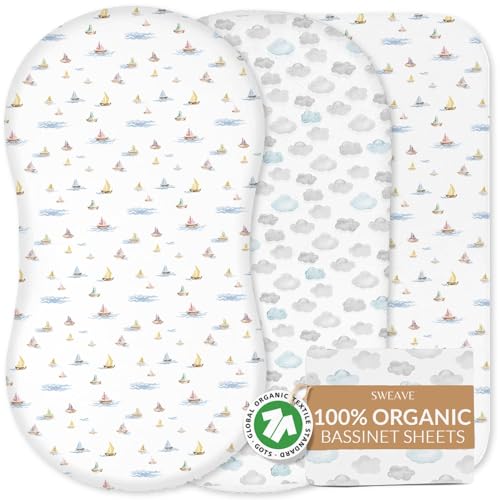 Image of 100% Organic Cotton Bassinet Sheets (4-Pack) - GOTS Certified - Bassinet Bedding for Standard Size Oval & Rectangular Mattress - Breathable Percale Weave Softens with Each Wash - 33" L x 15" W
