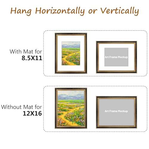 Image of Golden State Art,12x16 Ornate Picture Frame Holds 8.5x11 Photo,Black Gold | Includes real glass front,white mat,build-in hangers and buttons.Displays 8.5x11 photo on wall