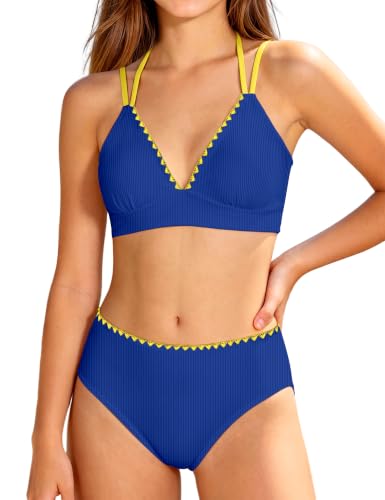 Image of KANGKANG Girls Swimsuit Bikini Set Solid Color V-Neck Two Piece Bathing Suit with Chest Pad Adjustable Straps Swimwear 7-16T