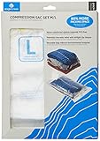 Tejido de Nylon reforzado contra las roturas Reduce el volumen hasta un 80% Válvula unidireccional Apertura Zip superior El Set Incluye Pack-It Compression Sac L Pack-It Compression Sac M