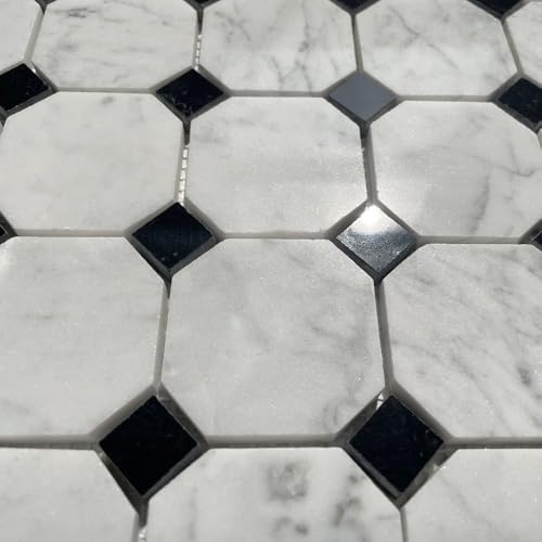 Tenedos Carrara White Marble 2 Inches Octagon Mosaic Tile with Nero Marquina Black Dots – Polished Natural Stone for Backsplash Bathroom Floor Shower Entryway (1 Sheet) - Thumbnail 2