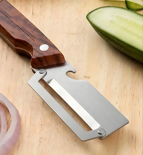 Image of Multi-Functional Vegetable Peeler for Kitchen | Stainless Steel Peeler with Wooden Handle & Bottle Opener | Single Blade for Fruits and Vegetables | 1 Piece (Silver)