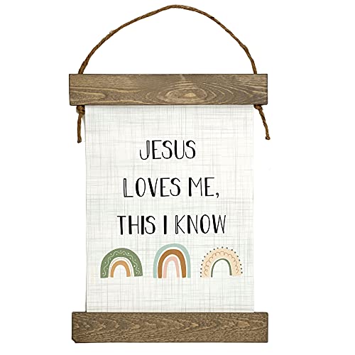 Image of Kingdom Quality Jesus Loves Me This I Know Hanging Canvas - Give Me Jesus, Ten Commandments for Kids, Boho Rainbow Nursery Decor