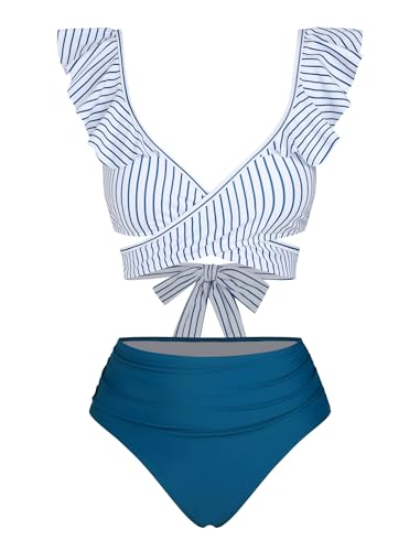 ZAFUL Women High Waisted Bikini Sets Two Piece Ruffle Swimsuit Cross Cutout Ruched Bathing Suit2