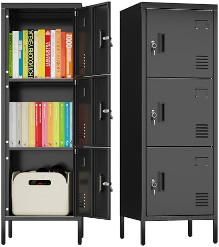 Armario de metal con orificios de ventilación, armario de metal de 3 puertas con soporte para tarjetas de visita, adecuado para la escuela, la oficina y el hogar, montaje en casa, 120 cm x 40