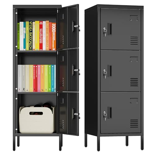 LOCENHU Armoire en métal avec ouvertures d'aération - Armoire en métal à 3 portes avec porte-cartes de visite - Convient pour l'école, le bureau et la...