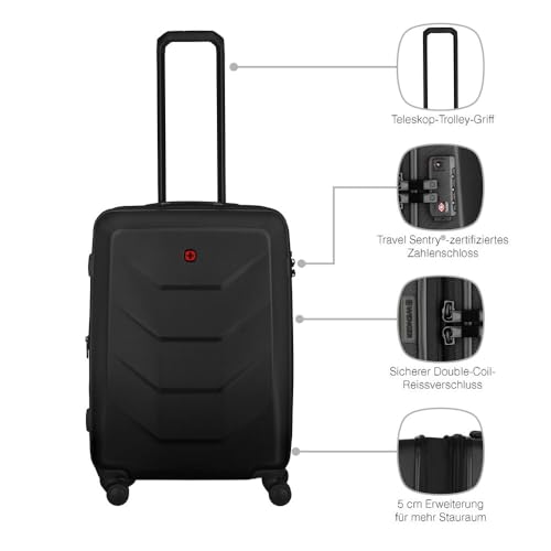 WENGER Prymo Medium Hartschalenkoffer mit 4 Rollen, Trolley, Mittelgroß, 59 (67) l, Sicherheitsschloss, Damen Herren, Reisen Urlaub, Schwarz, 612537