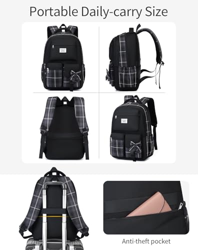 Image of Black Backpack 3 packs for Girls, Cute Teenage Bookbag with Lunch Box for Women Middle School Highschool College Student Mochila Universitaria para Mujer