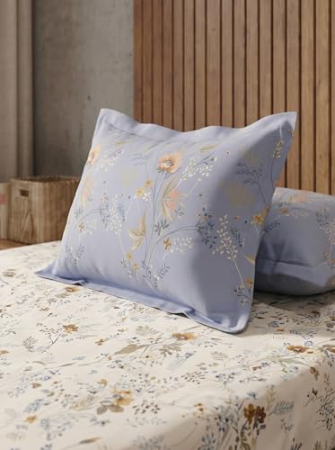 Image of DDECOR Live Beautiful 100% Compact Combed Cotton Floral King Flat Bedsheet with 2 Pillow Covers | Rotary Print 145TC | Perfect for Everyday Bedroom Use | Cresta Collection | 2.24 x 2.54 M|Allure Blue