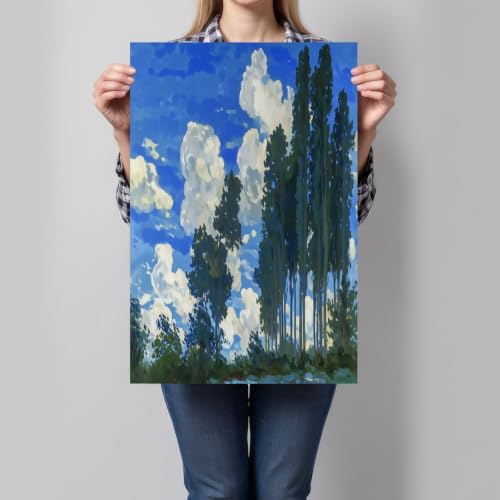 Impression sur toile de qualité supérieure, grand tableau bleu arbres et nuages 80x120 cm