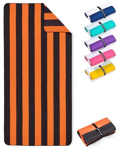 Fit-Flip Strandhandduk XXL – mikrofiberbadhandduk stor, lätta och snabbtorkande – 100% återvunnen mikrofiberhandduk – randig orange-mörkgrå...