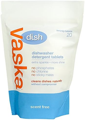 vaska Dishwasher Detergent Tablets, Scent Free, 20 Count (Pack of 6)