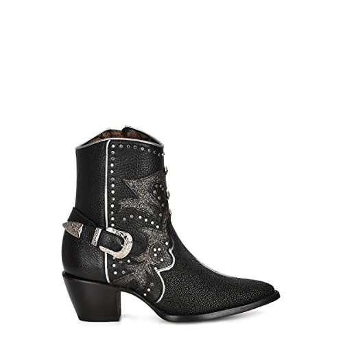 Cuadra Women's Bootie in Genuine Stingray Leather Black with Zipper and Studs3
