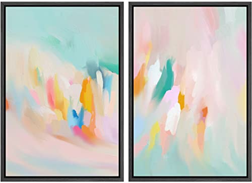 SIGNLEADER Framed Canvas Print Wall Art Set Teal Pink Watercolor Collage Abstract Shapes Digital Art Modern Art Decorative Minimal Relax/Zen for Living Room, Bedroom, Office - 24"" x36 x2 BLACK