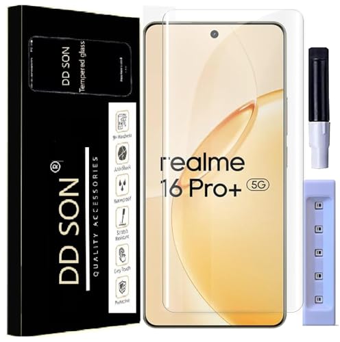Image of DD SON Premium UV Tempered Glass Screen Protector Guard Compatible For Realme 16 Pro Plus 5G (6.8 Inch, Pack of 1) Full Adhesive UV Curved Case Friendly HD Clarity with easy installation kit